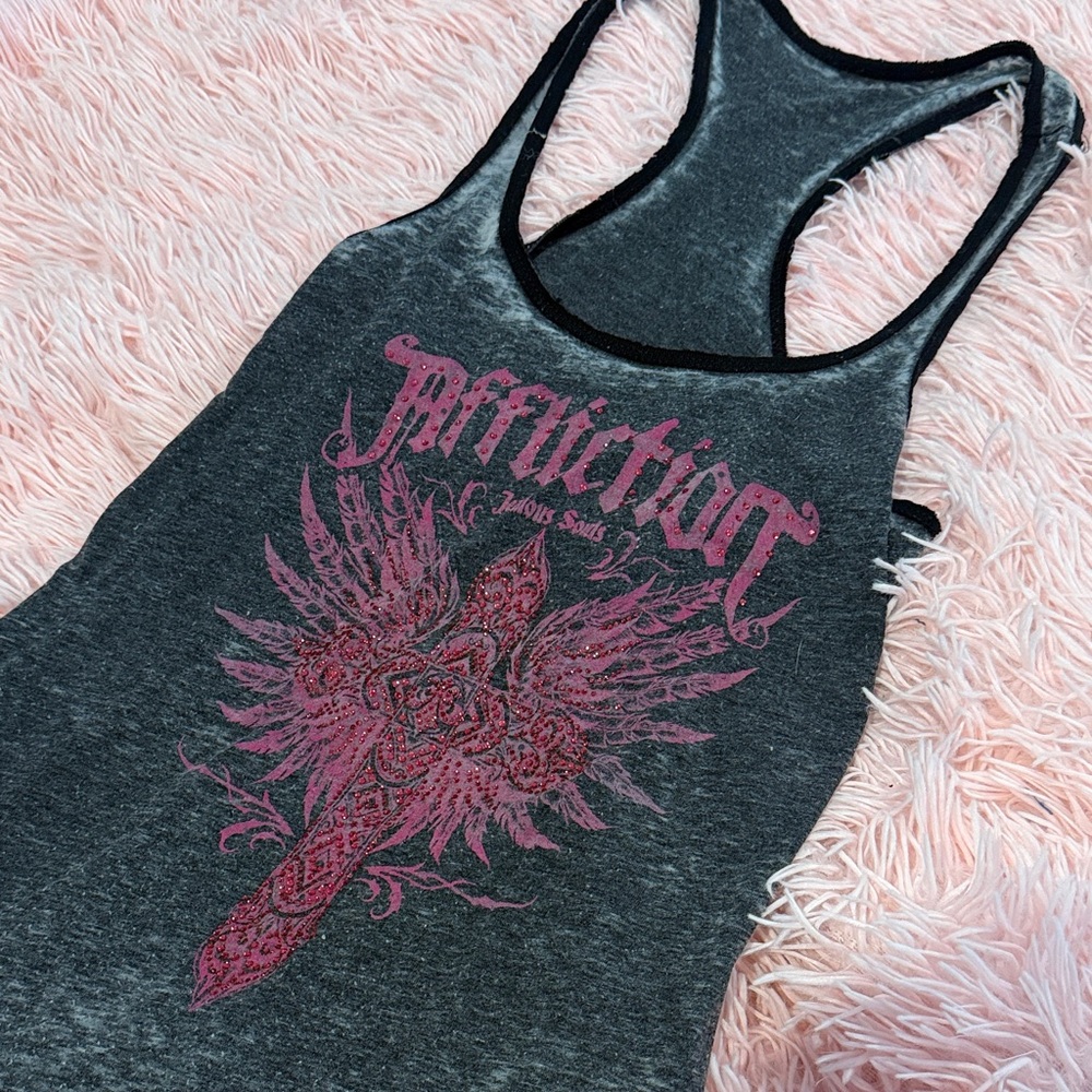 Affliction Charcoal Tank with Pink Design - Picture 2 of 3